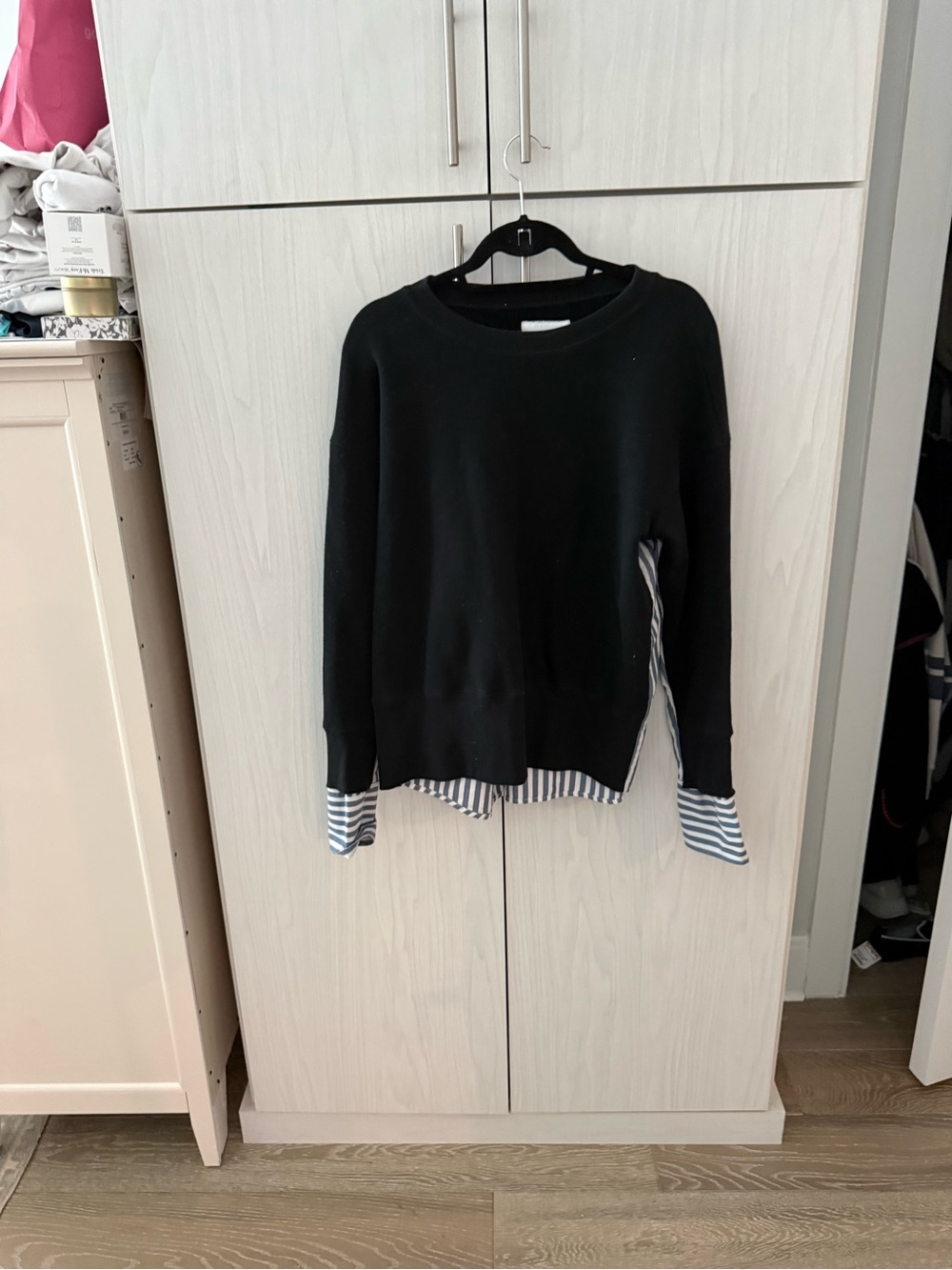 Current/Elliott Black Crewneck Sweater with Blue & White Striped Hem
